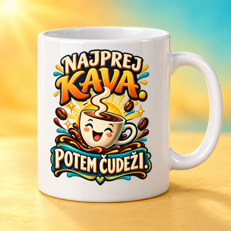 Keramična skodelica 11 oz »Najprej kava, potem čudeži«