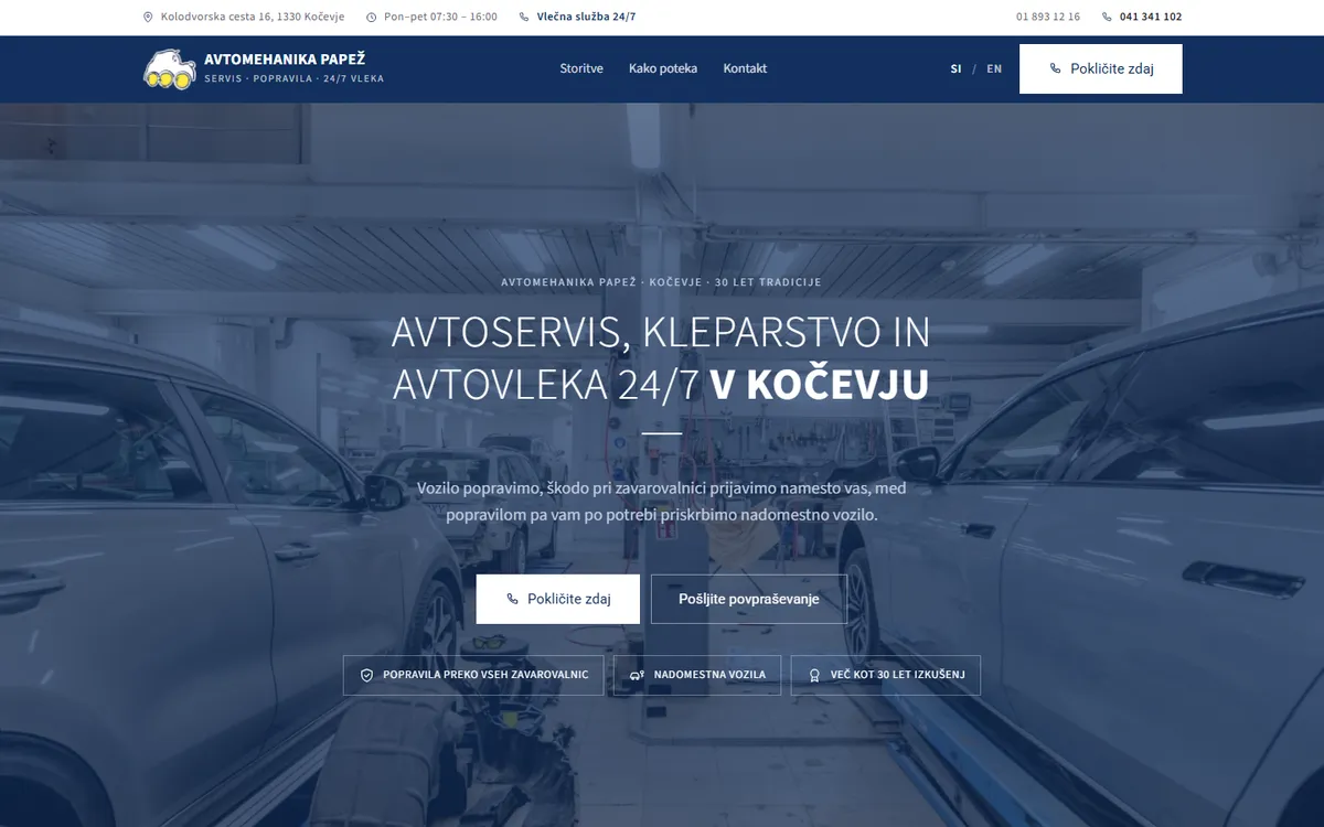 Naslovnica spletne strani avtomehanika-papez.si